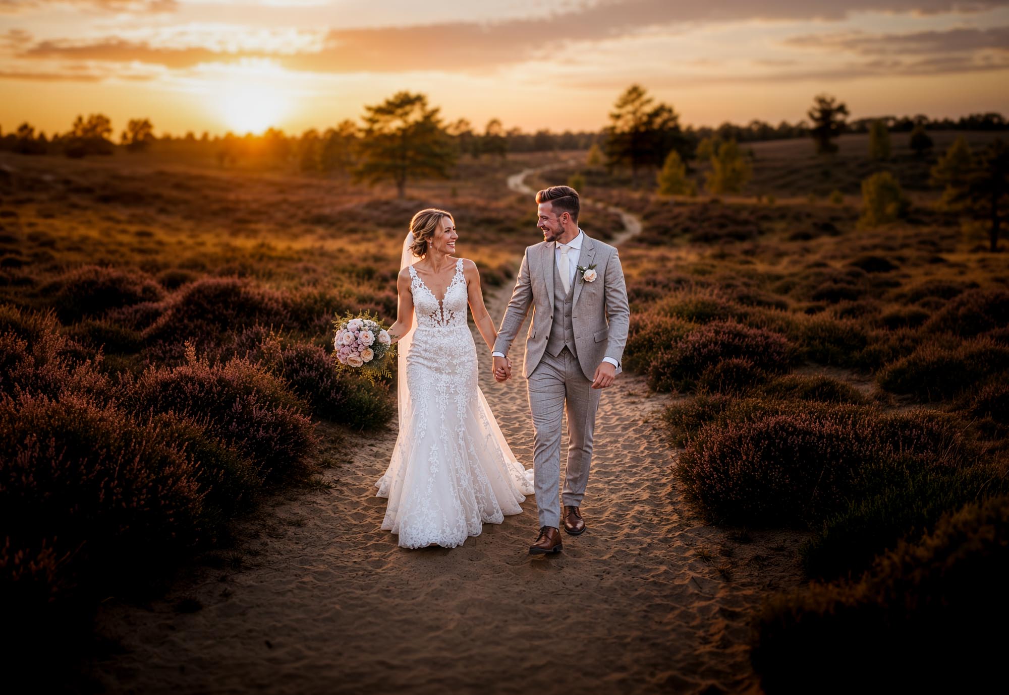 Trouwfotografie met de mooiste momenten van jullie trouwdag, ook tijdens de trouwreportage. Bruidspaar tijdens sunset op de Strabrechtse Heide vlakbij Helmond en Geldrop Mierlo.